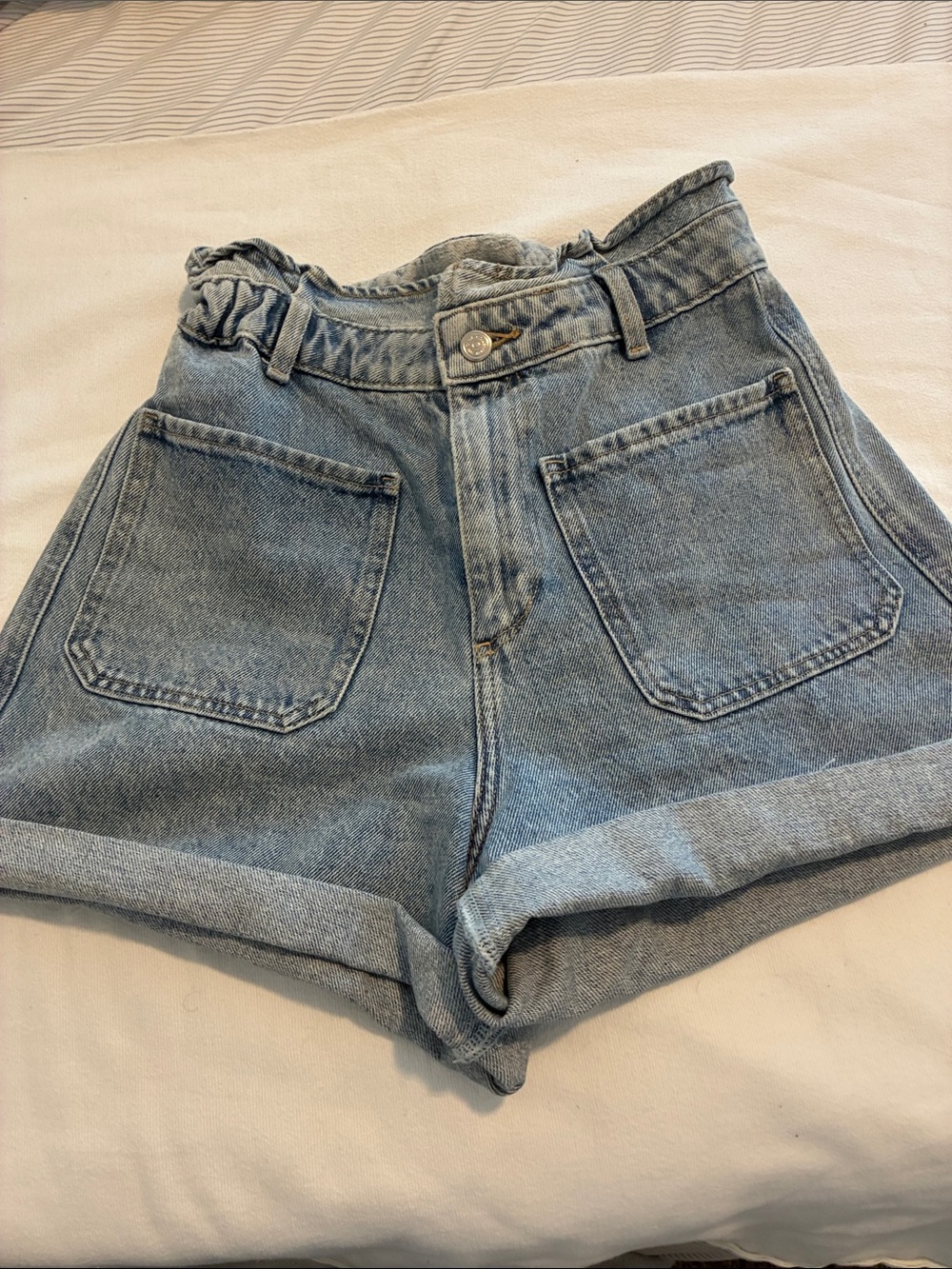 Zara Light Blue High-Waist Paperbag Denim Shorts